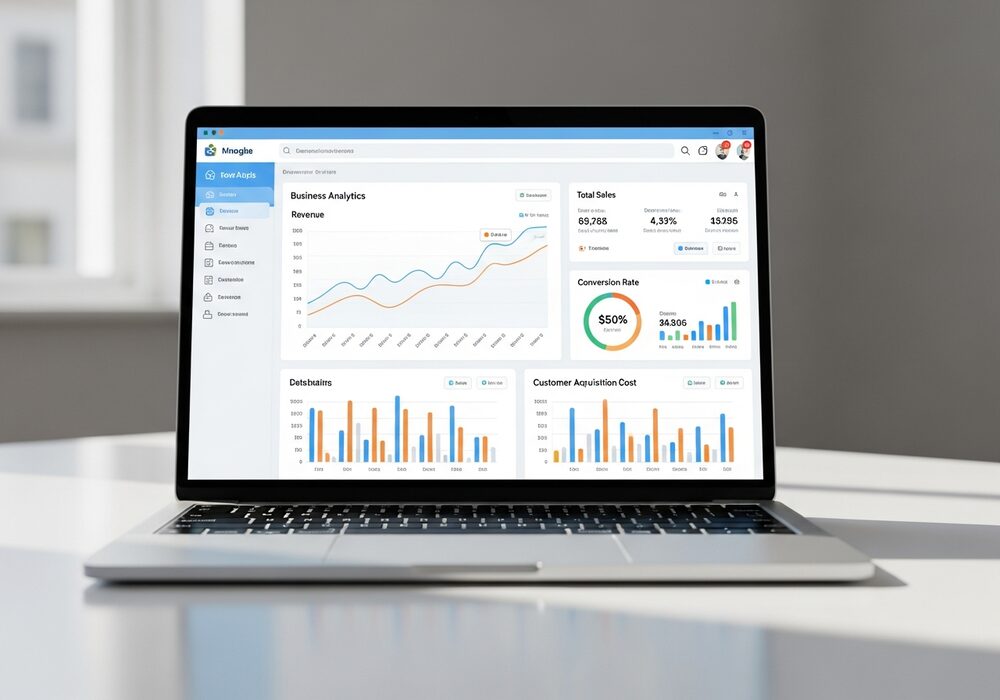ERP Node analytics dashboard showing revenue and sales trends