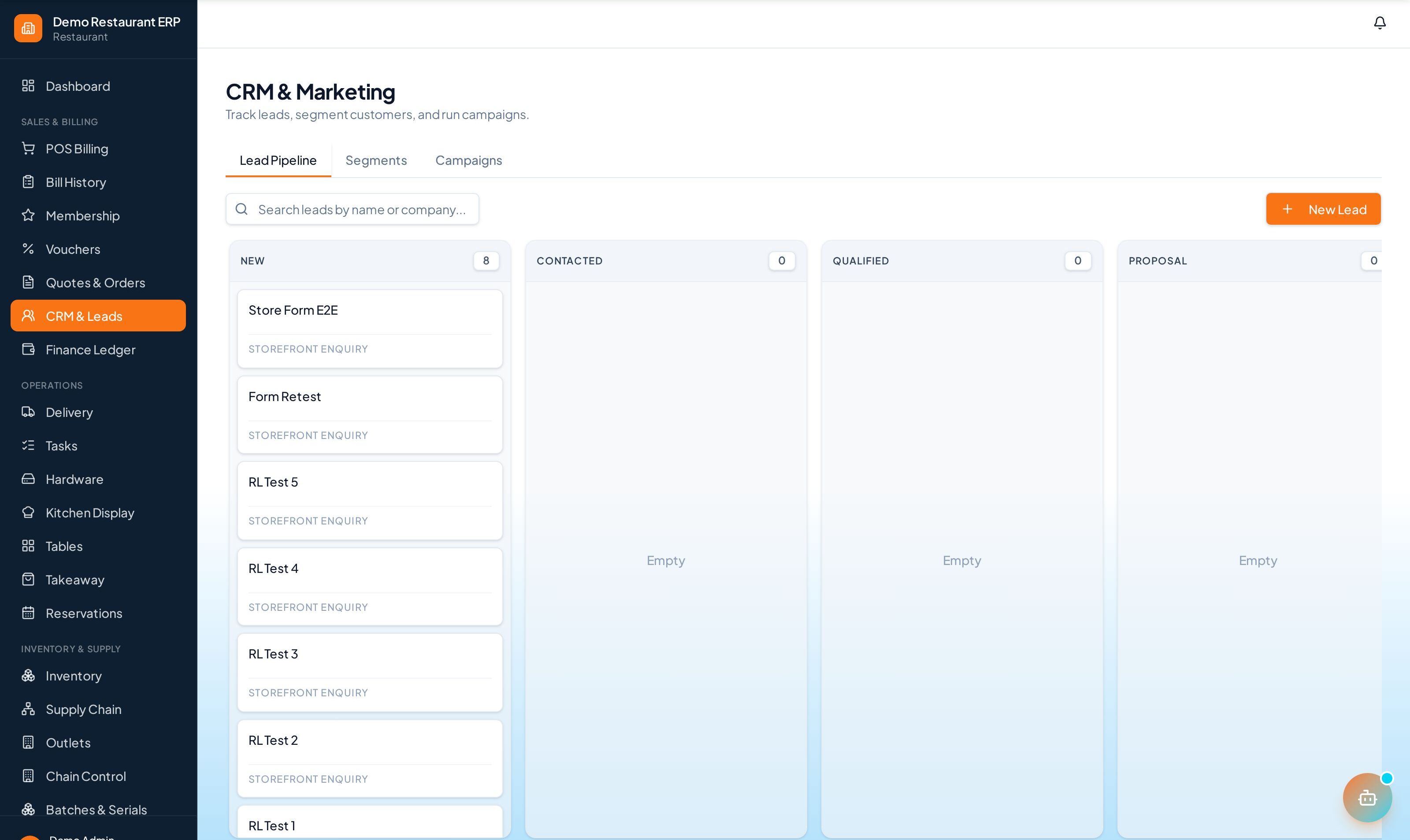 ERP Node CRM lead pipeline with follow-ups
