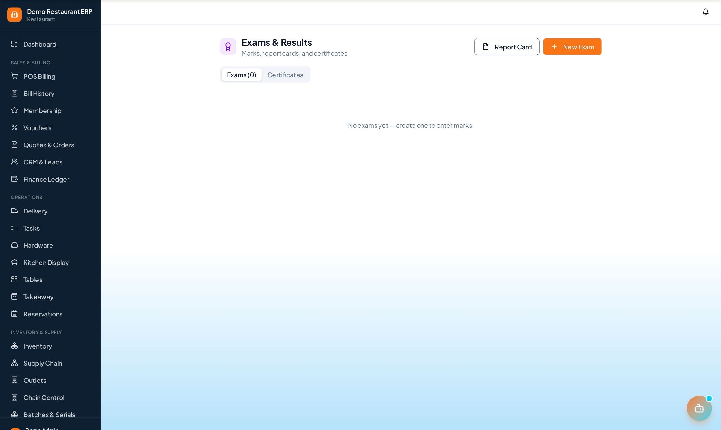 ERP Node exams, marks, and report cards