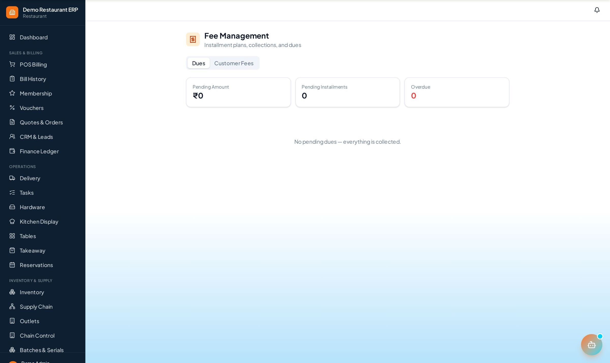 ERP Node course fee plans and dues dashboard