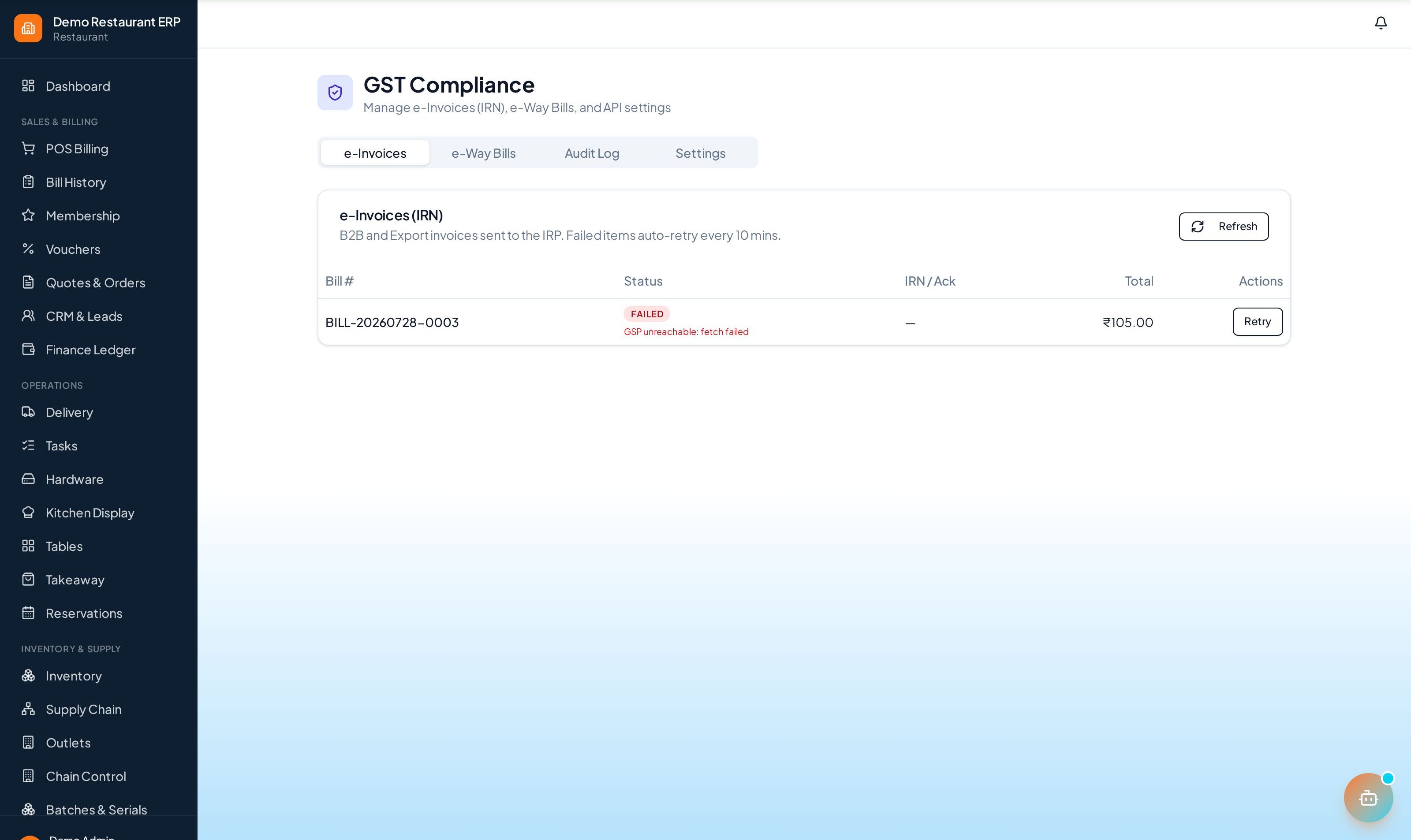 ERP Node GST compliance — e-invoices (IRN) and e-way bills