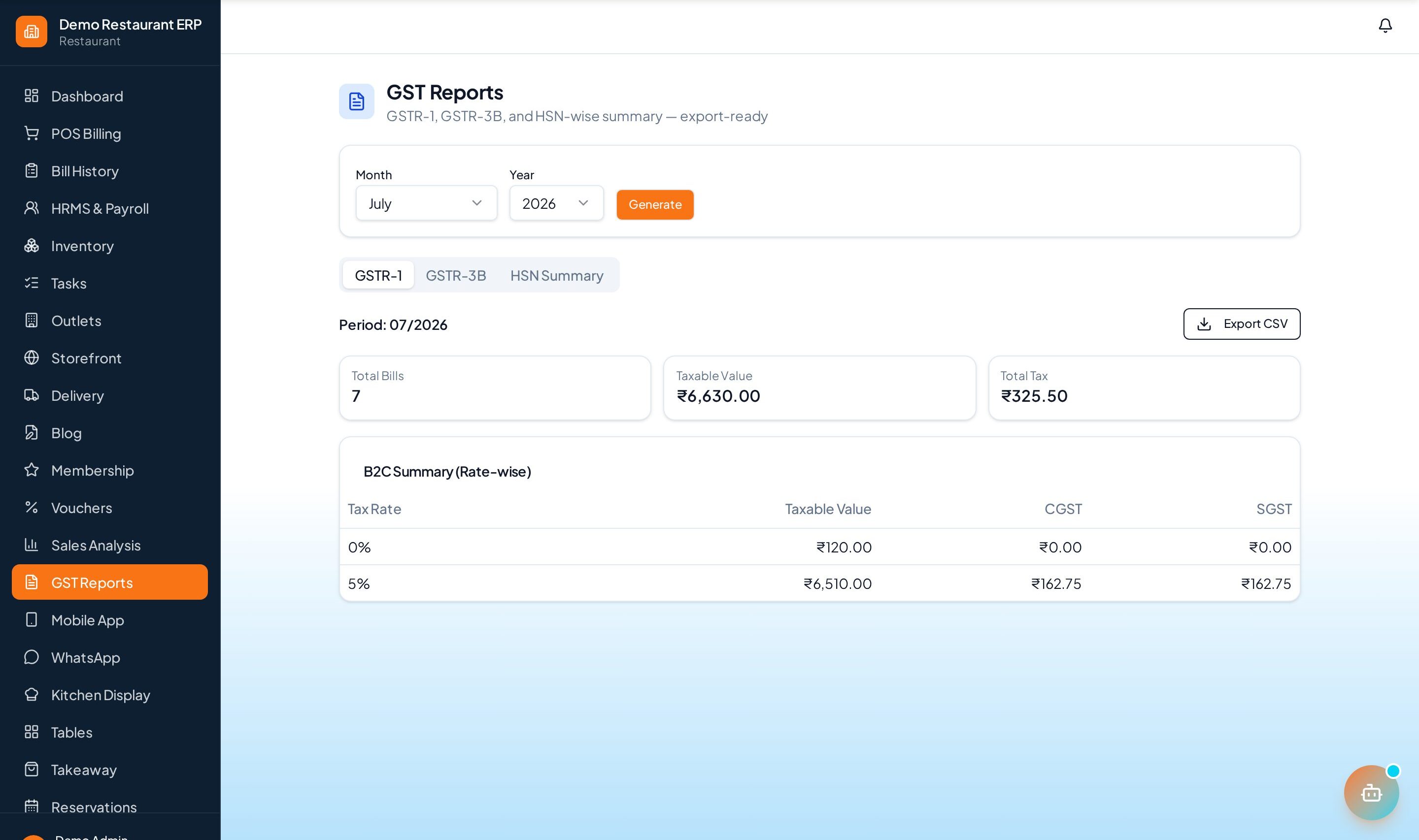 ERP Node GST reports (GSTR-1, GSTR-3B, HSN)