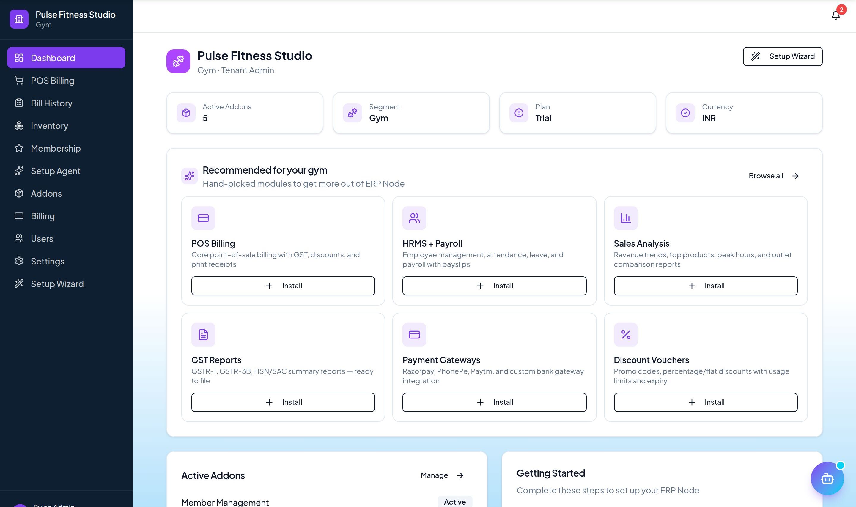 ERP Node gym & fitness dashboard for a fitness studio