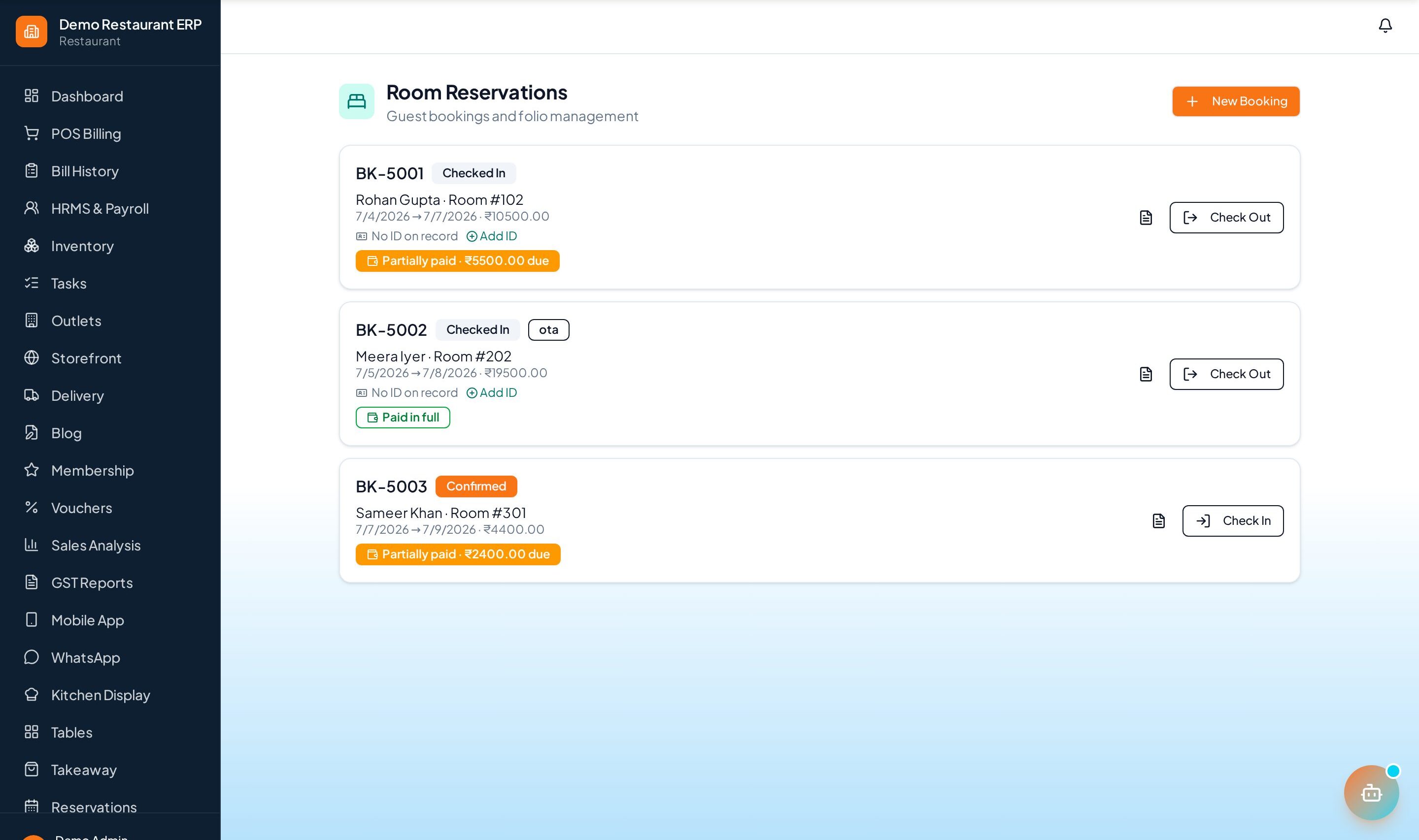 ERP Node hotel bookings and folio