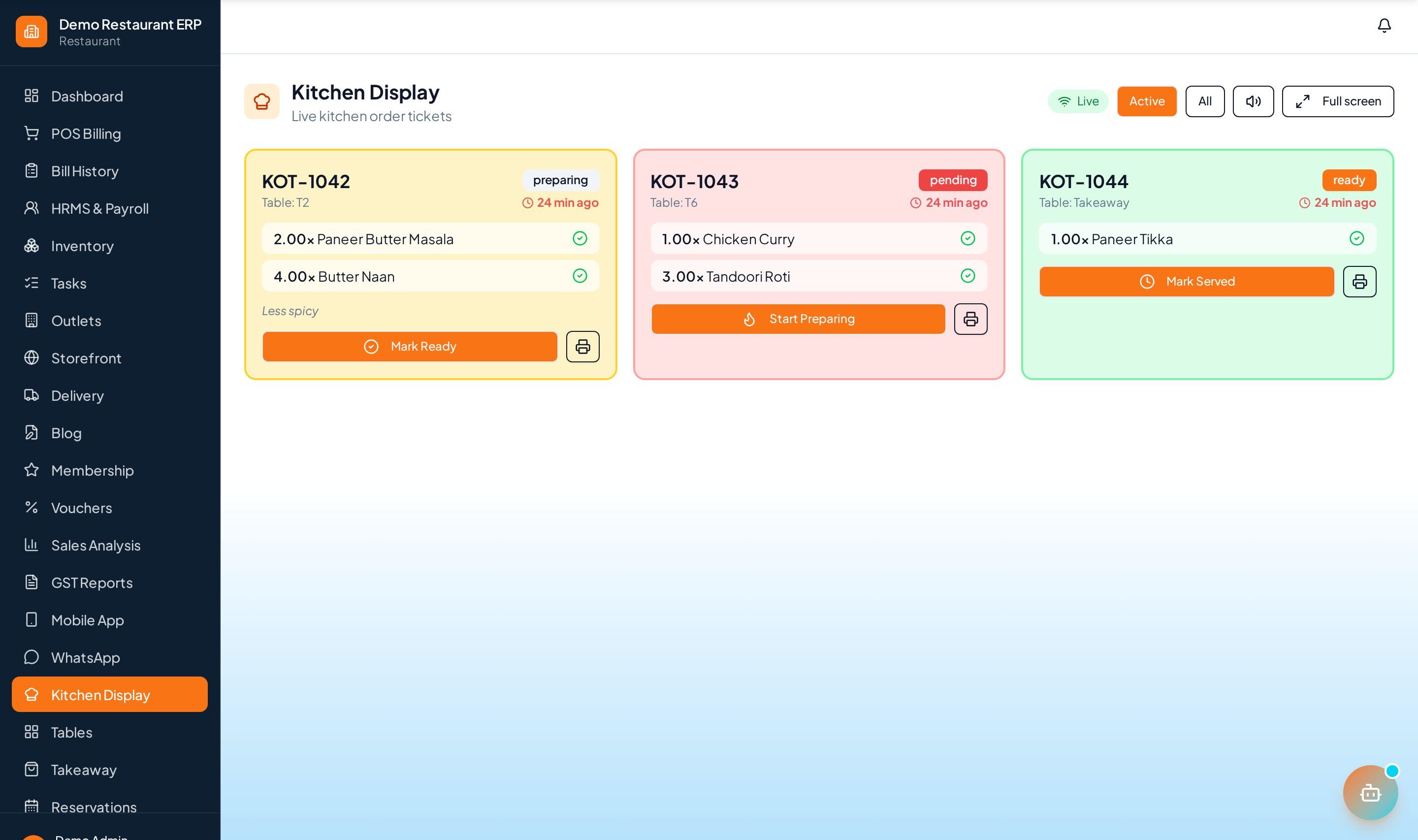 ERP Node KOT kitchen order tickets display