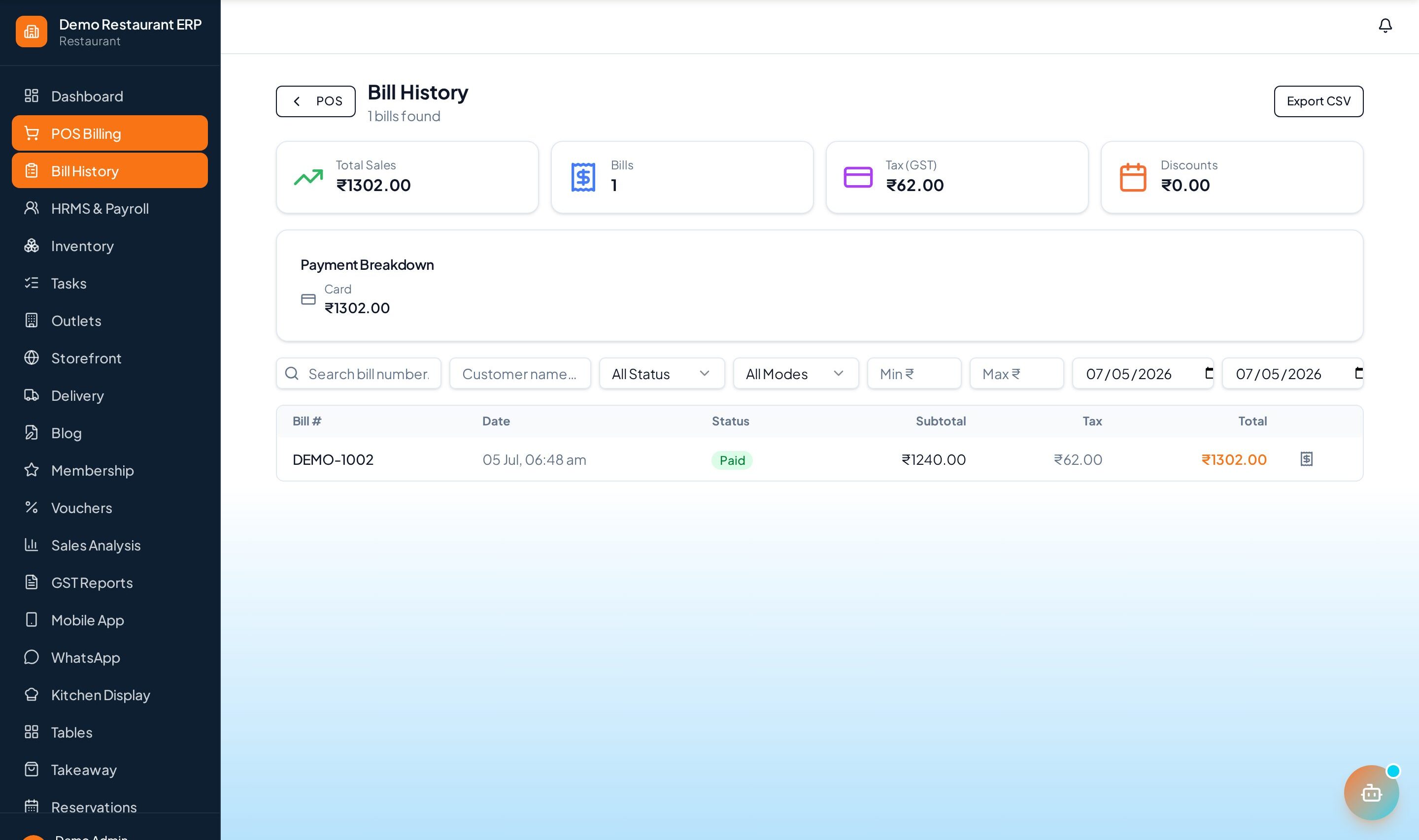 ERP Node POS bills and payment history