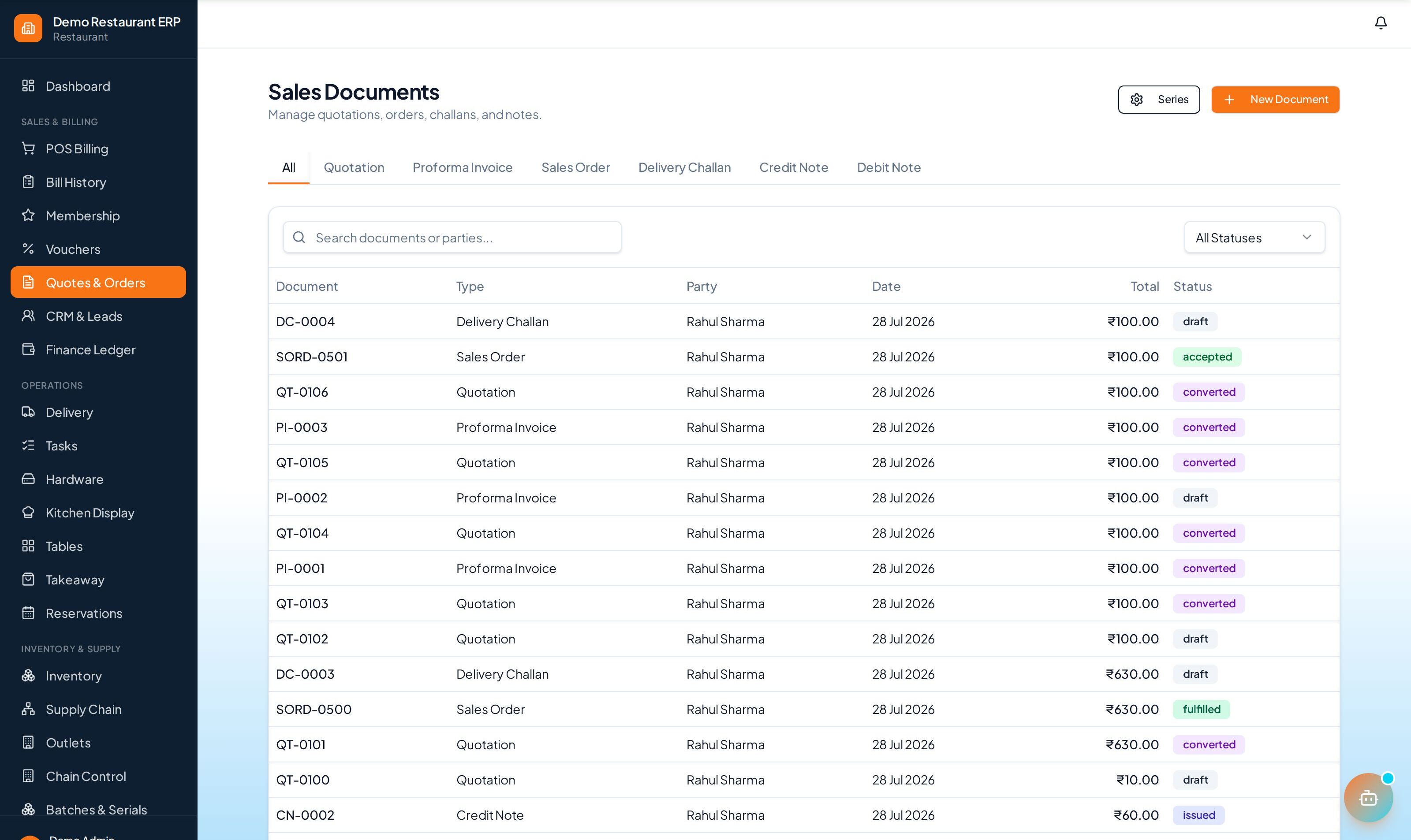 ERP Node quotes, sales orders, and delivery challans