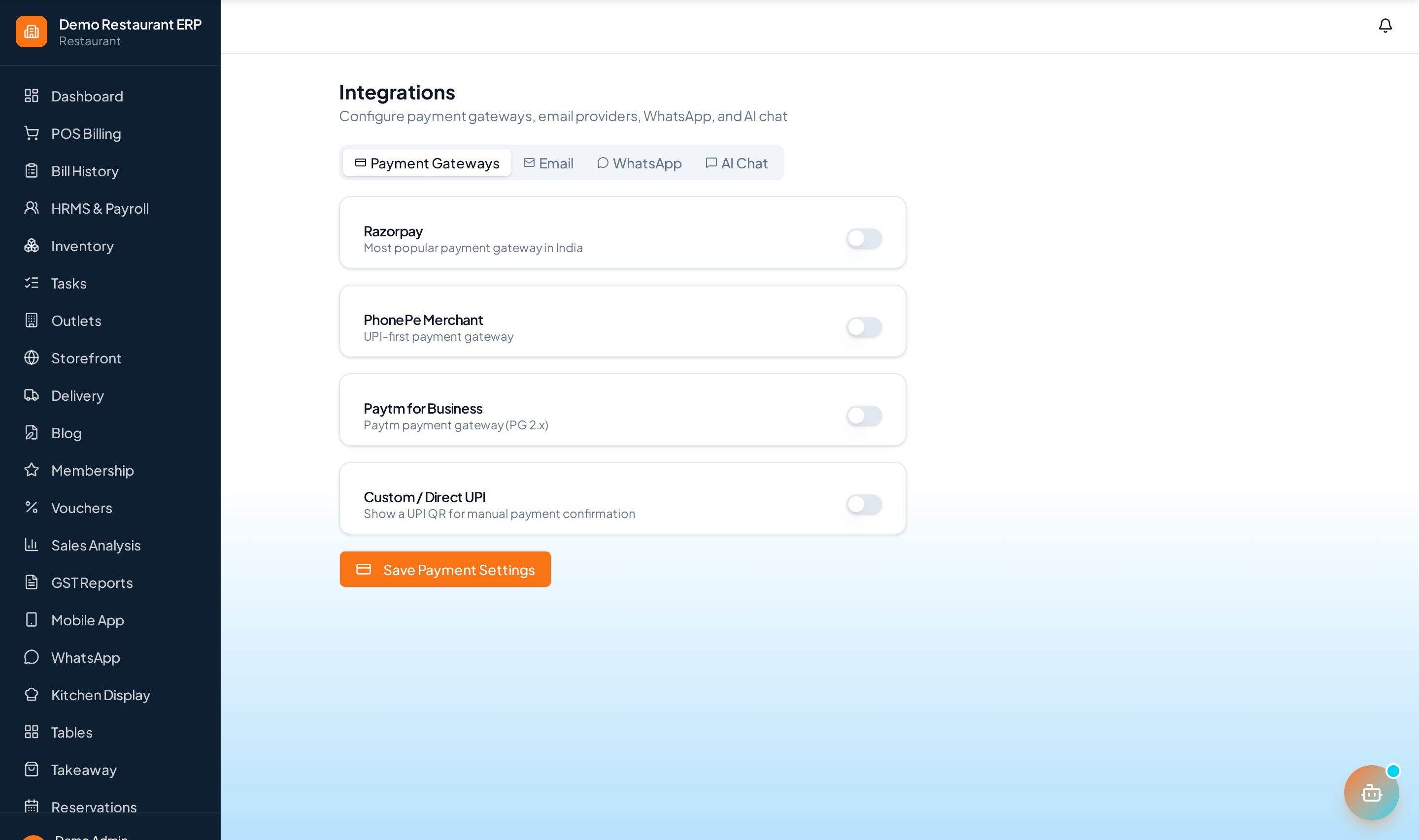 ERP Node integrations settings