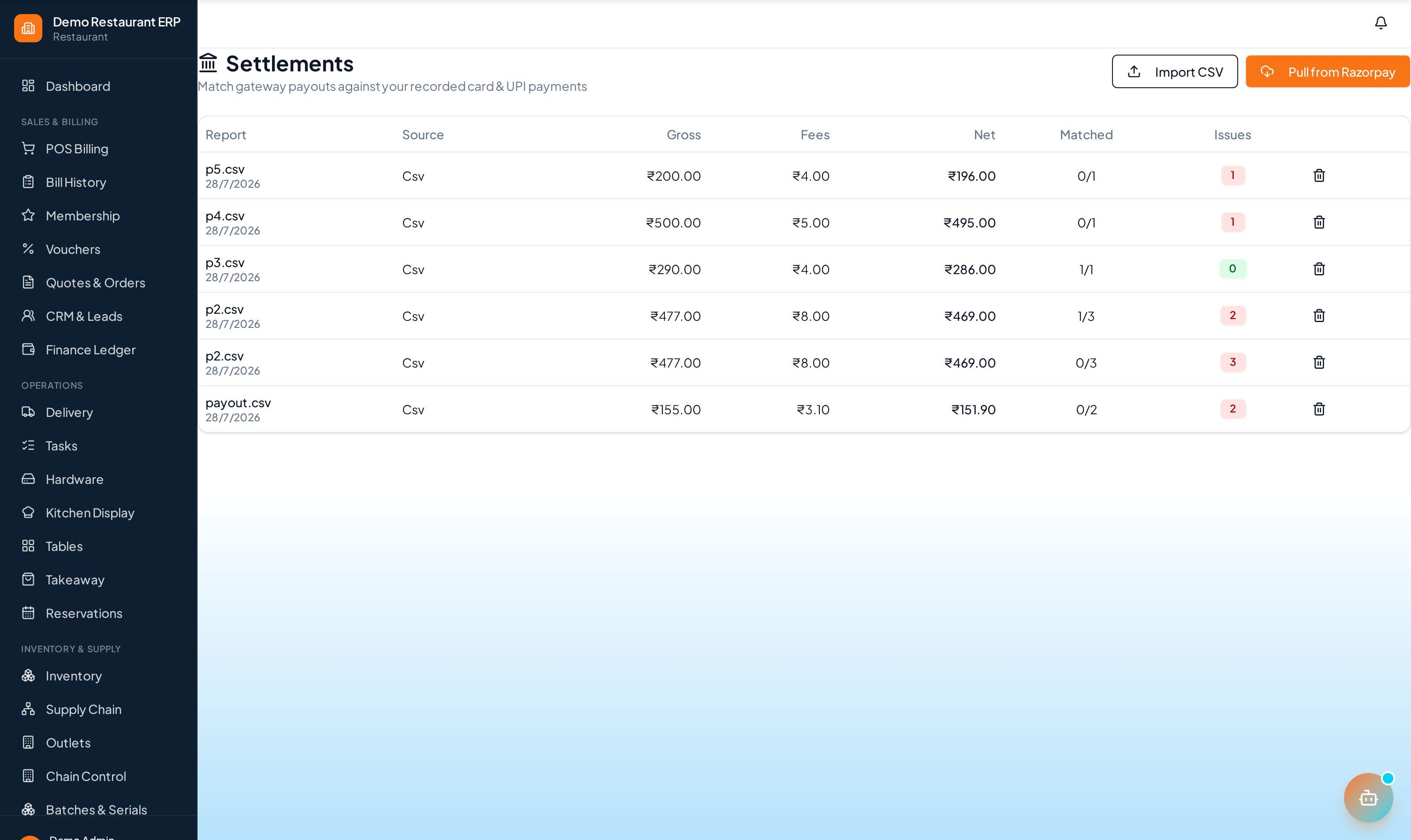 ERP Node settlement reconciliation against gateway payouts
