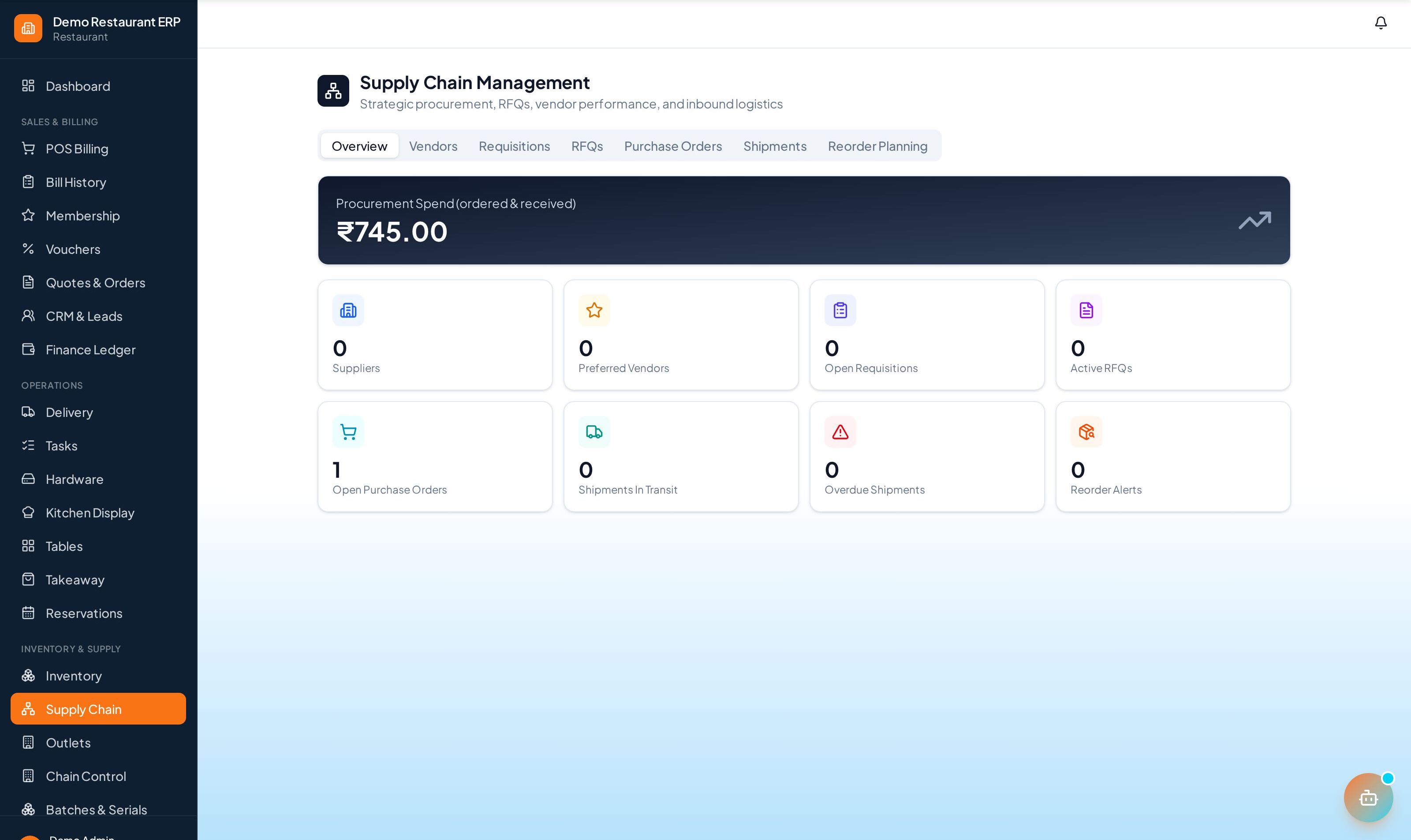 ERP Node supply chain — requisitions, RFQs, and shipments