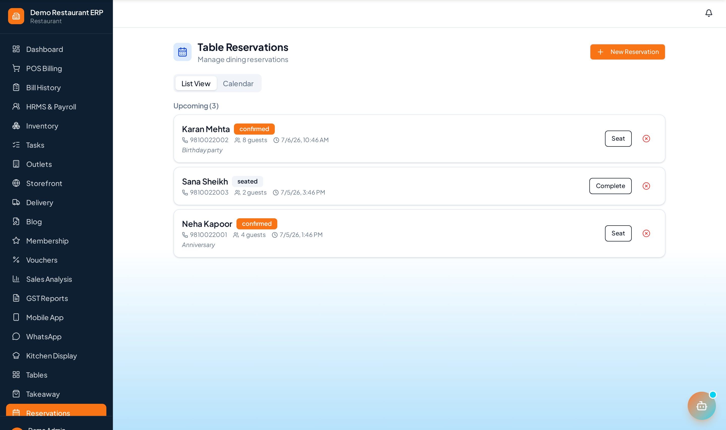 ERP Node table reservation calendar