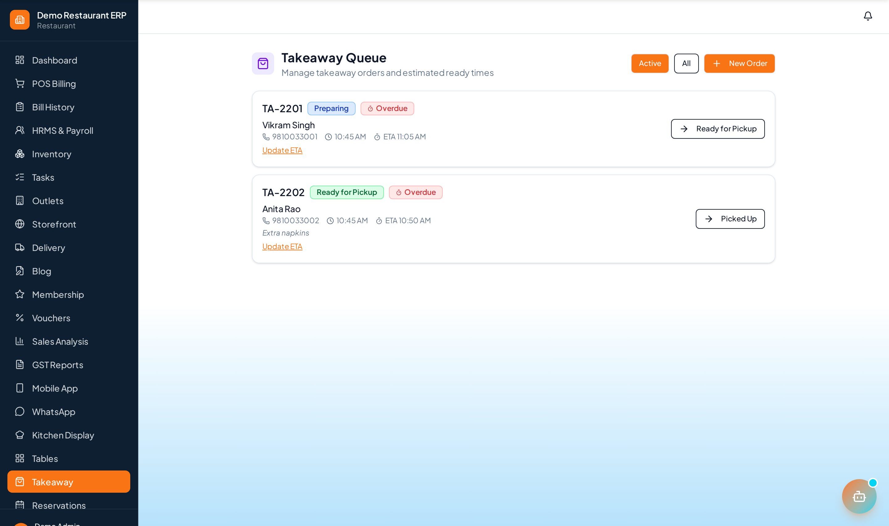 ERP Node dine-in and takeaway orders