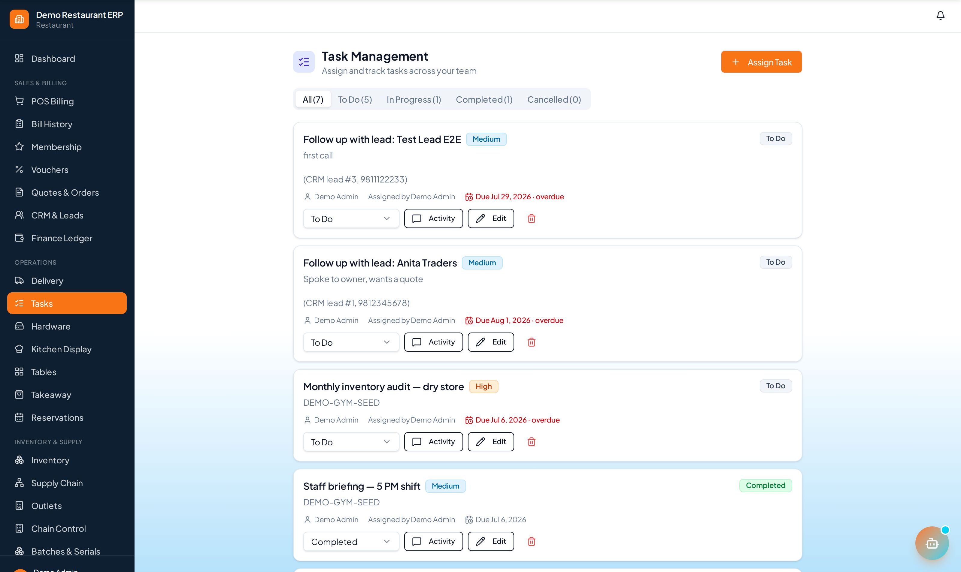ERP Node task management with priorities and due dates